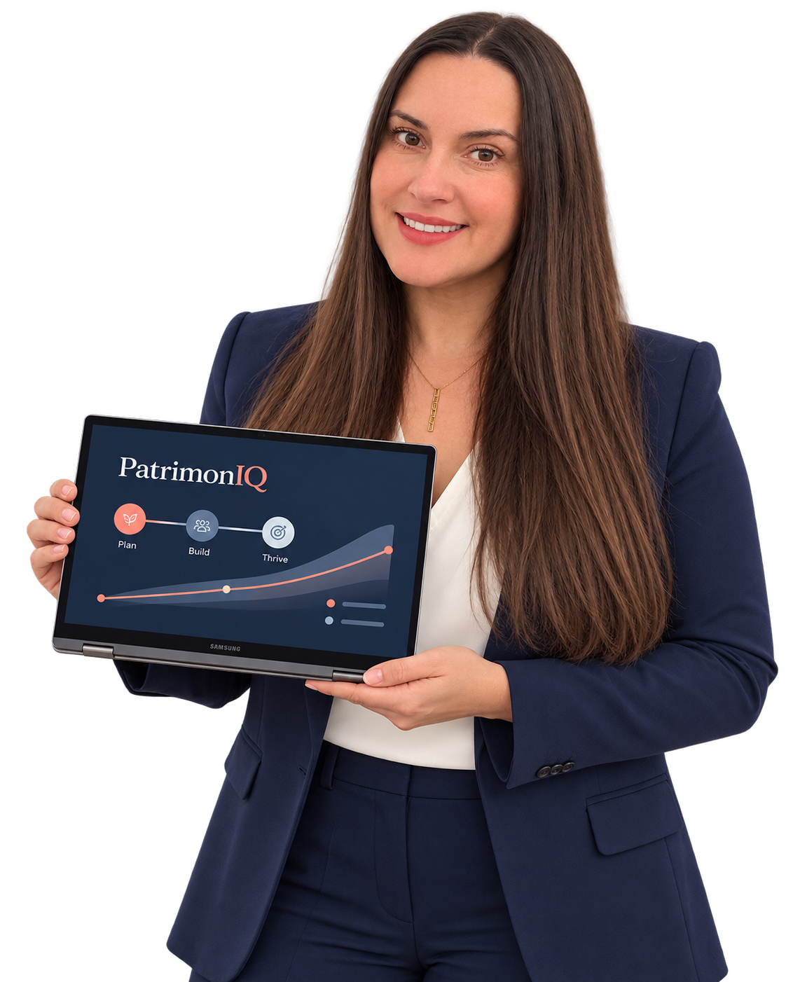 Talli Tomasiak sorrindo, com notebook dobrado como tablet e ilustração da PatrimonIQ
