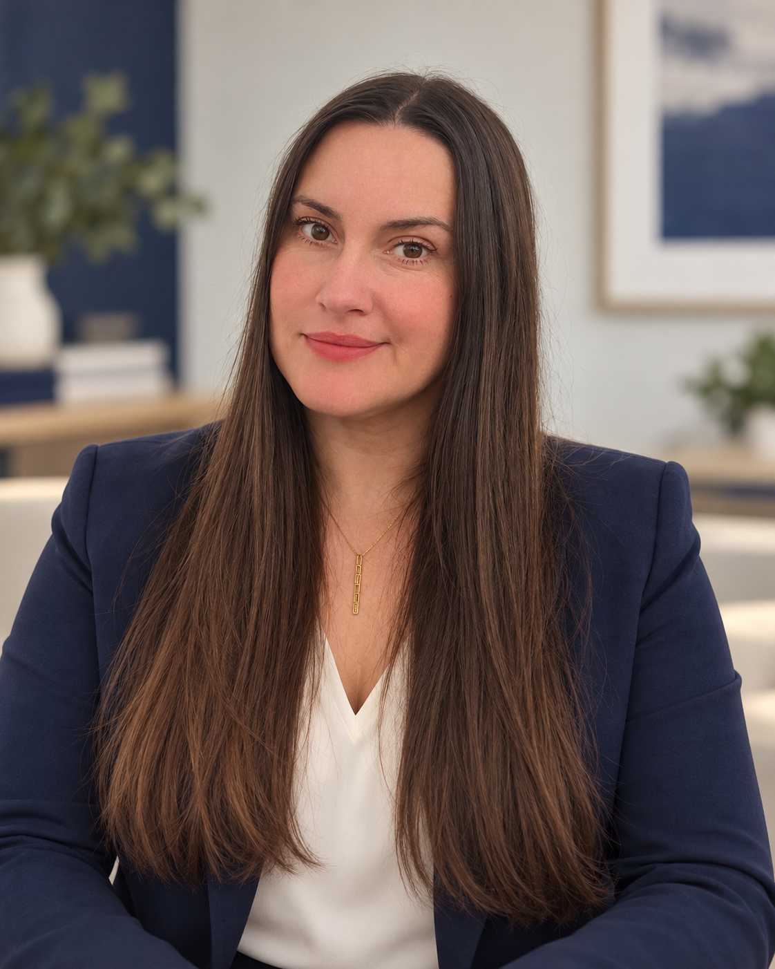 Talli Tomasiak sorrindo e olhando para a câmera em retrato empresarial